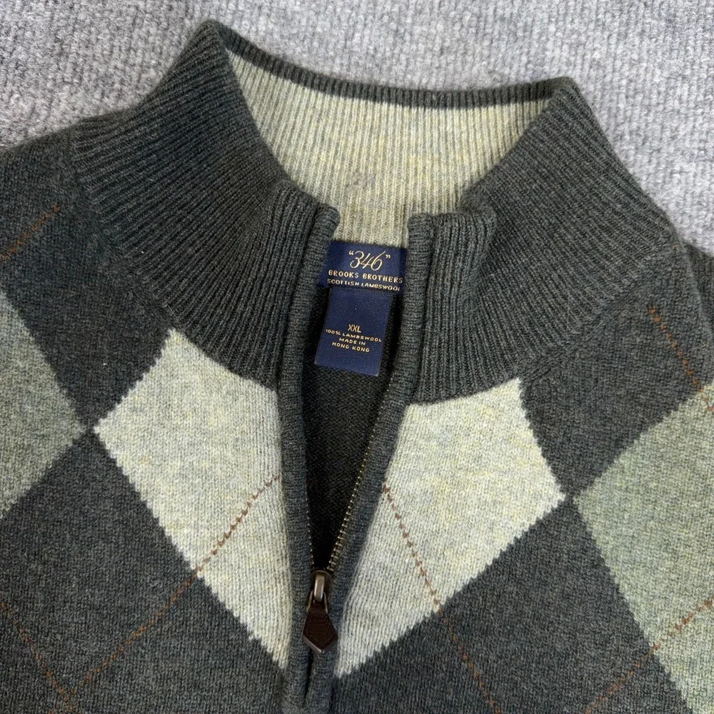 Brooks Brothers 346 Scottish Lambswool Argyle 1/4 Zip Sweater Men 2XL Green Wool